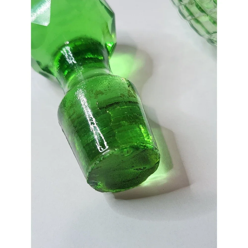Vintage Small Green Decanter Cologne Bottle with Stopper Metal Collar Cut Glass
